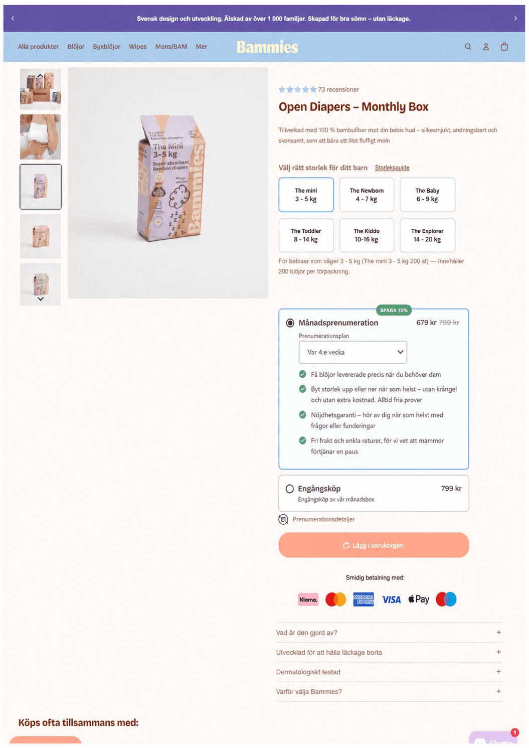 Bammies open diapers monthly subscription product page