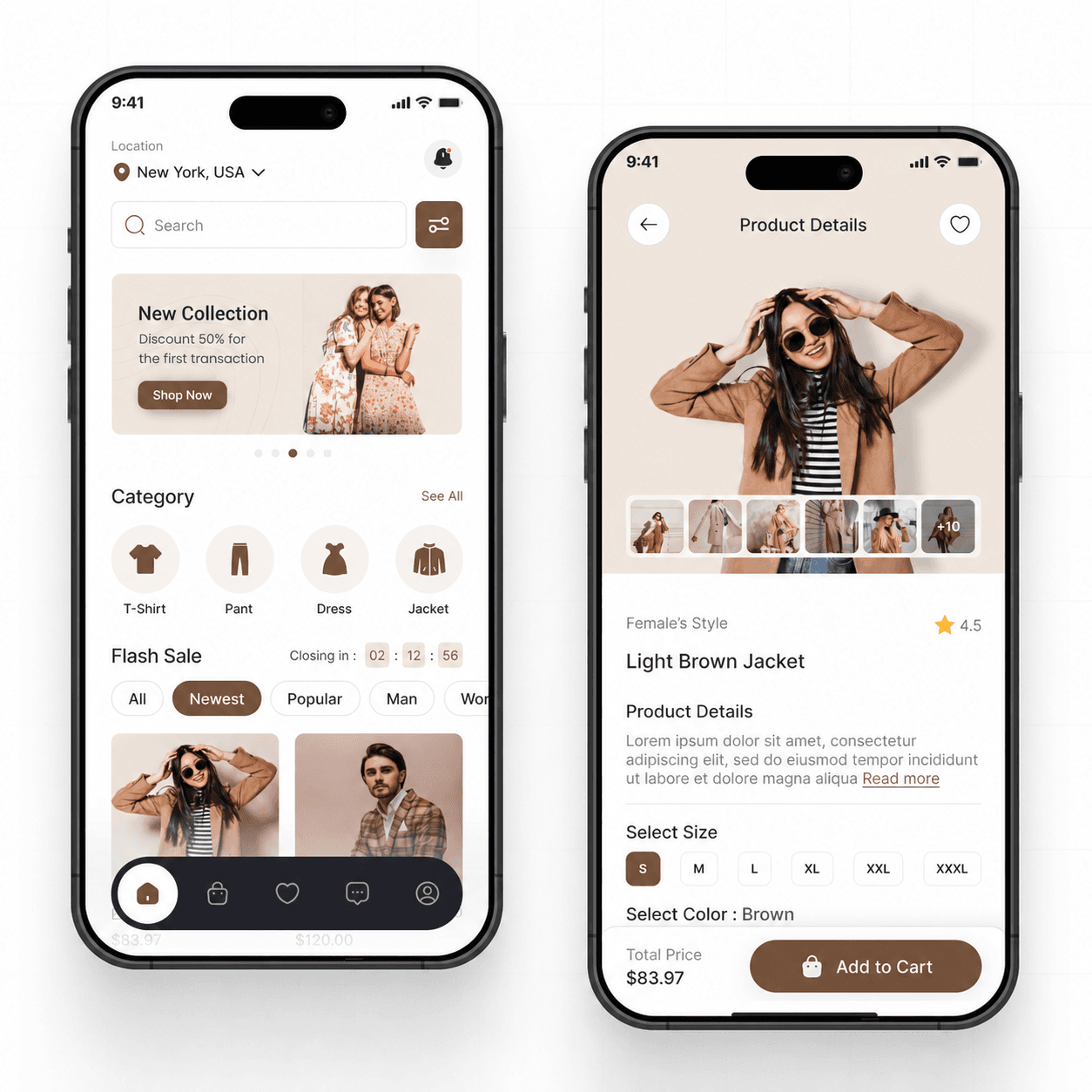 Two mobile phones displaying a fashion shopping homepage and a light brown jacket product page