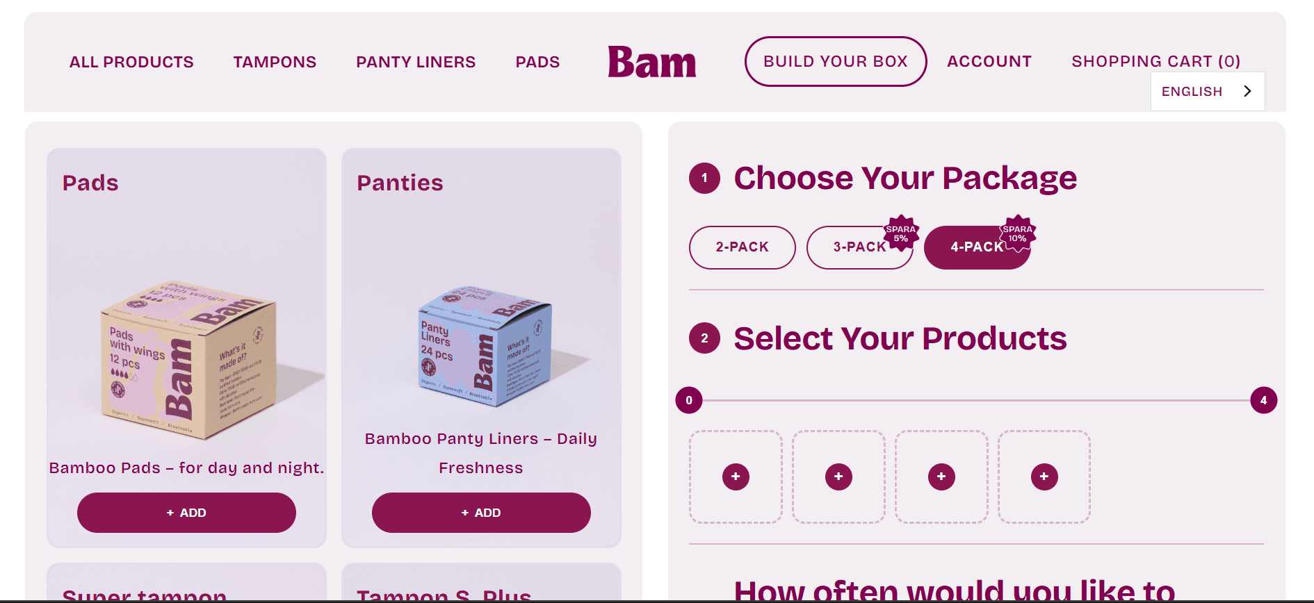 BAM build-your-box interface with bundle size, product selection, and subscription frequency controls