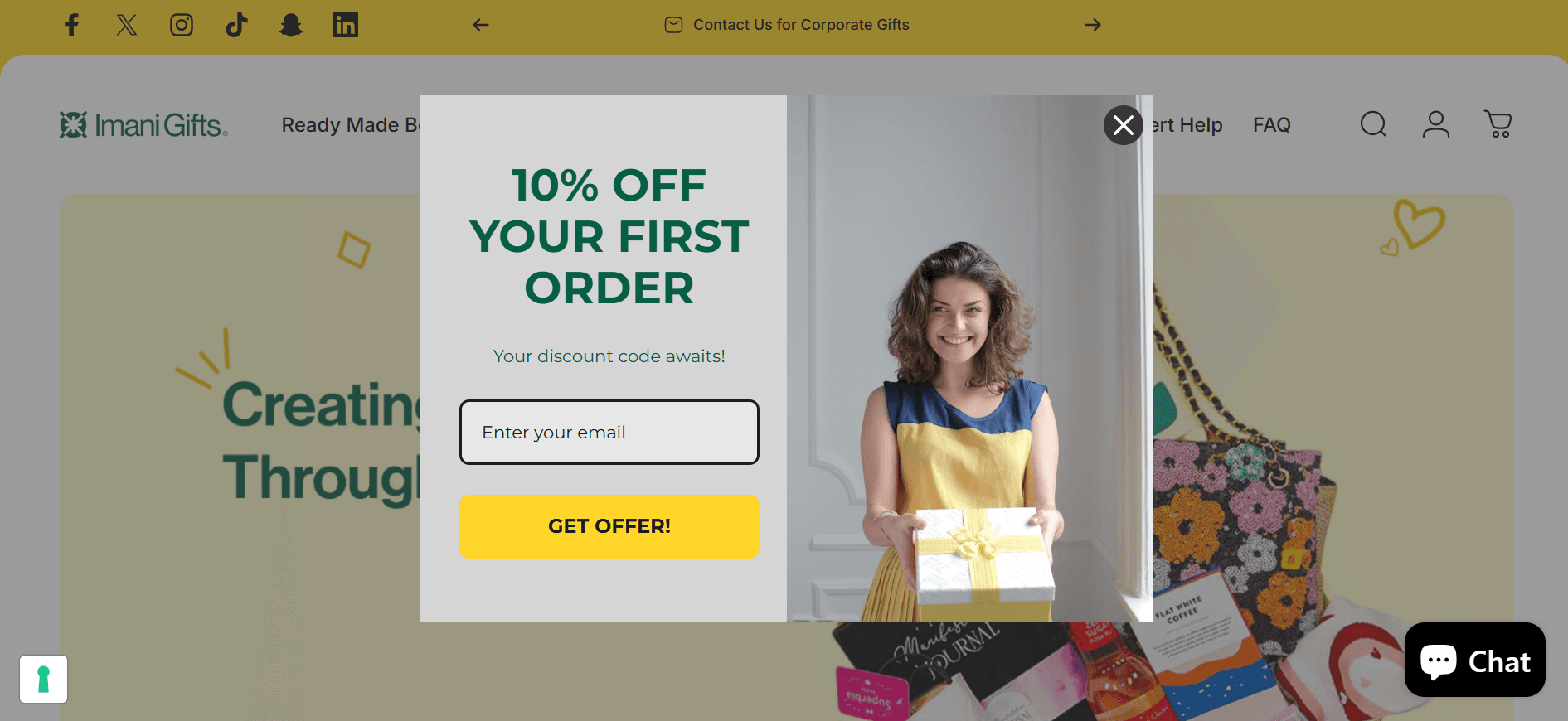 Gift store interface with a first-order email incentive popup